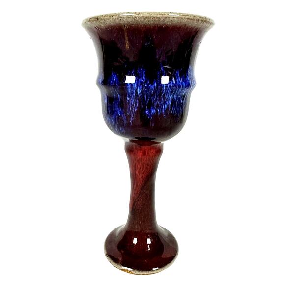 Hand Crafted Pottery Wine Glass 7.5" Brown Bright Blue Glaze-Excellent! - Picture 1 of 7
